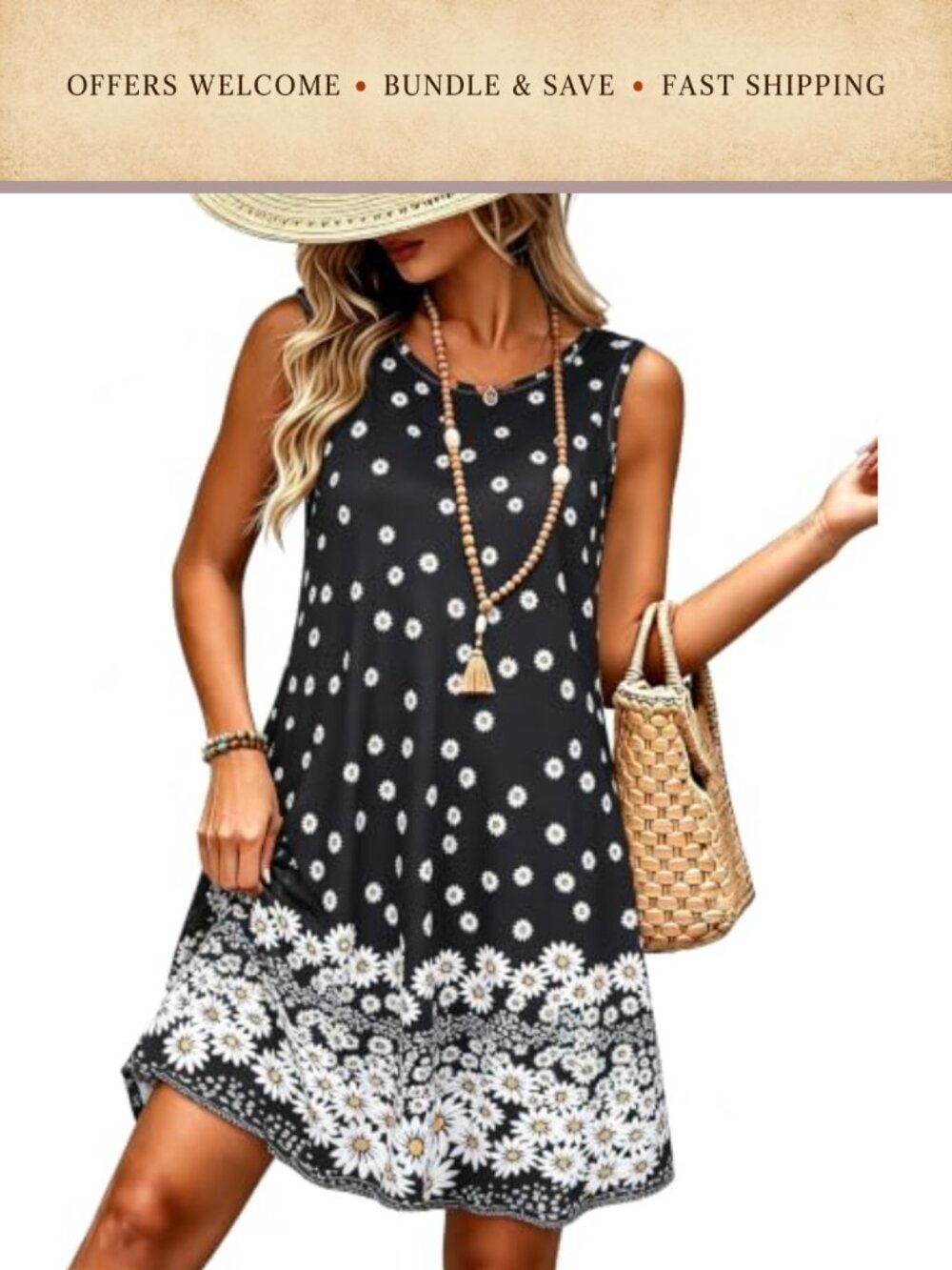 Women Summer Sleeveless Flowy Tank Beach Sundress with Pockets